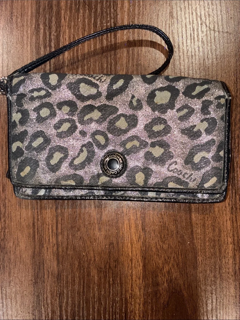Coach Leopard Print Wristlet Clutch in Silver and Black